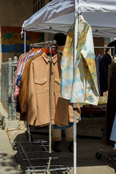 Outdoor market showcasing vintage clothes on racks under a sunny sky.