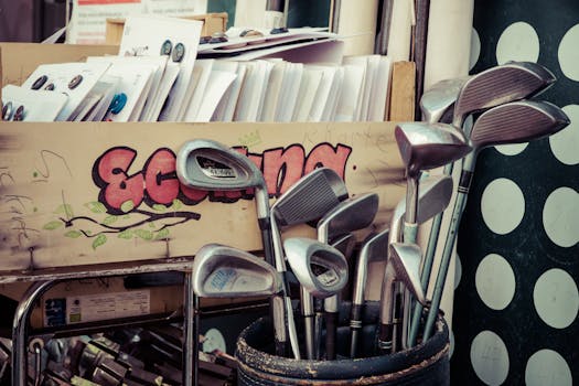 A collection of vintage golf clubs displayed in a flea market setting with retro decor.