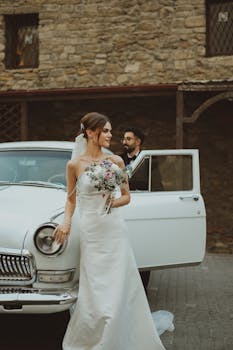 Bride in elegant gown holding bouquet near vintage car with rustic stone background.